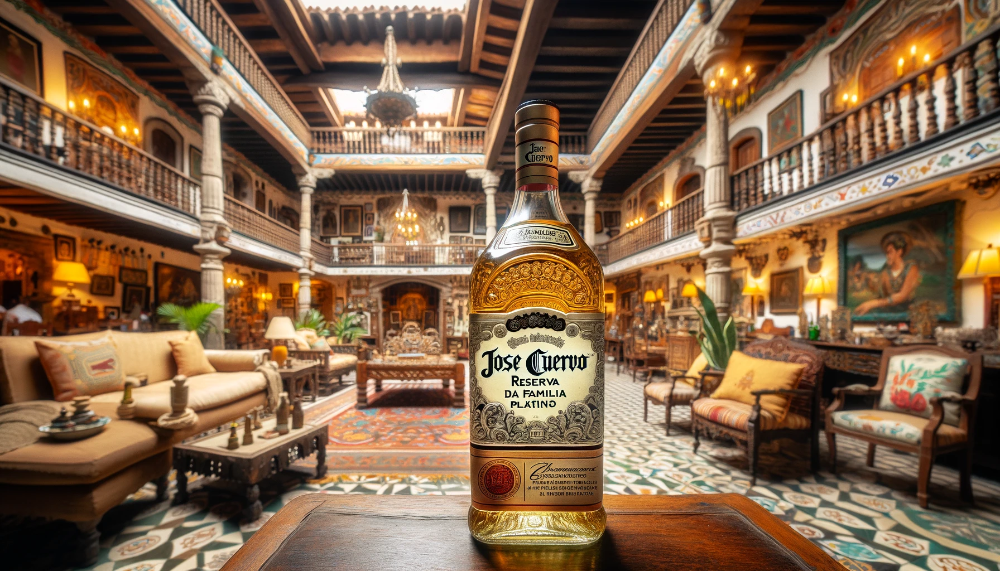 Пляшка текіли Jose Cuervo Reserva de la Familia Platino в розкішній мексиканській фазенді, оточена традиційним декором та елегантними меблями.